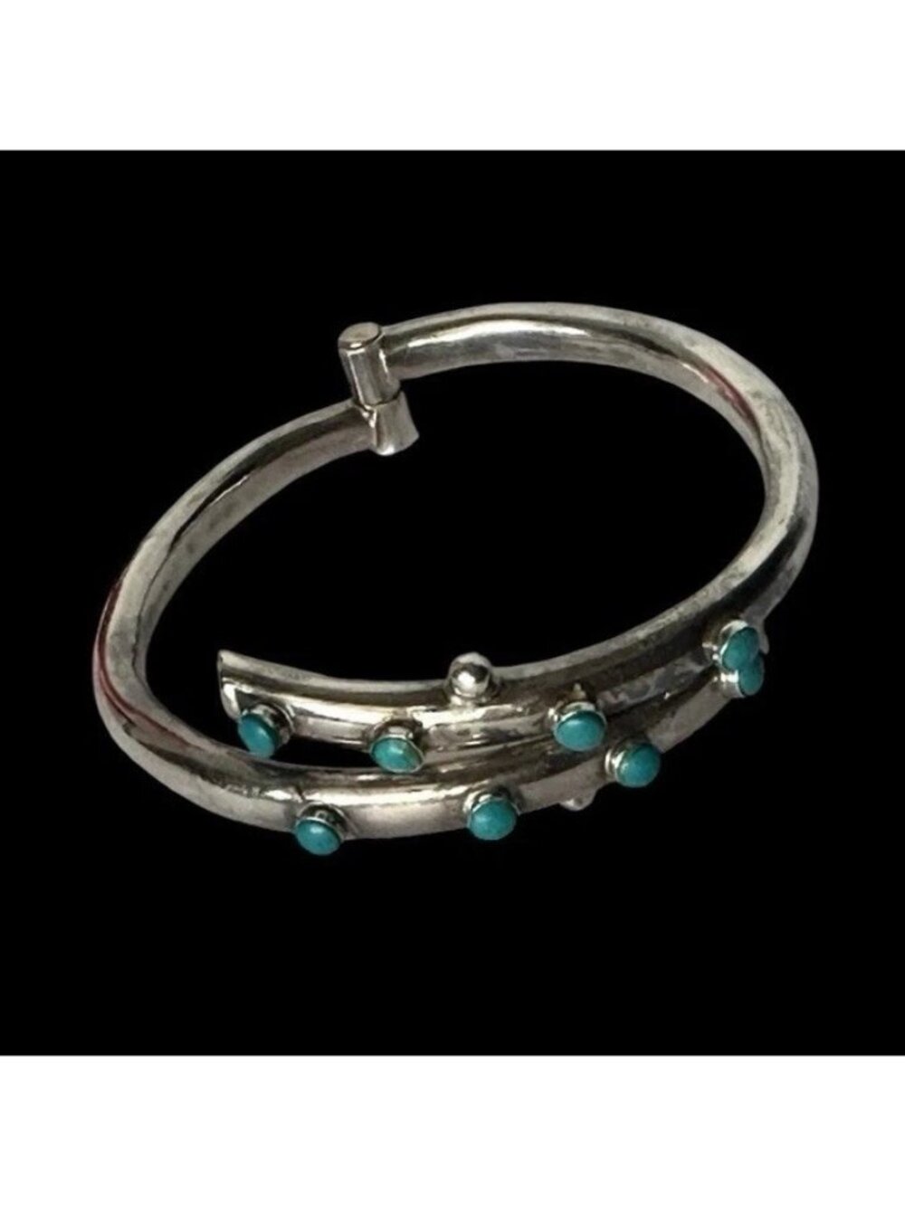 Vintage Taxco Mexico Turquoise Snake Eye Bangle Bracelet Clamper Mid Century